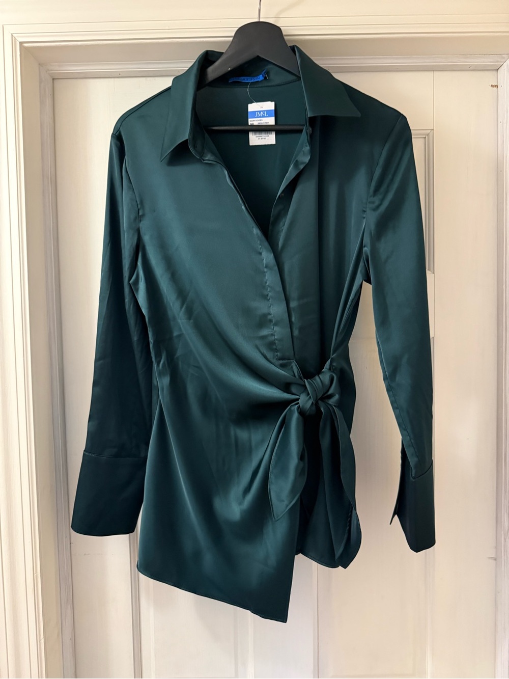 J. McLaughlin Deep Teal Satin Side-Tie Blouse